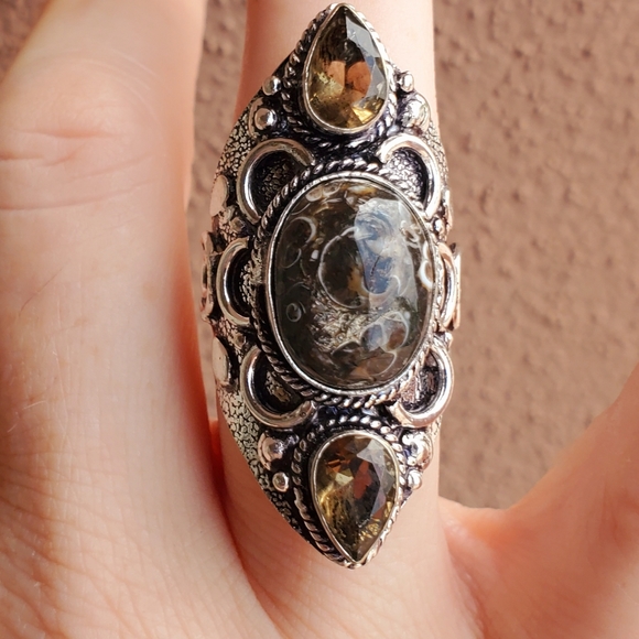 New Turtella Agate Fossil and Smoky Quartz 925 Silver Statement Ring. - Picture 2 of 16